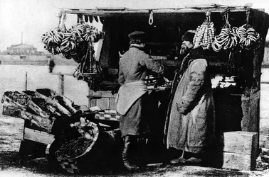 Puesto de comida y productos, San Petersburgo, finales del siglo XIX